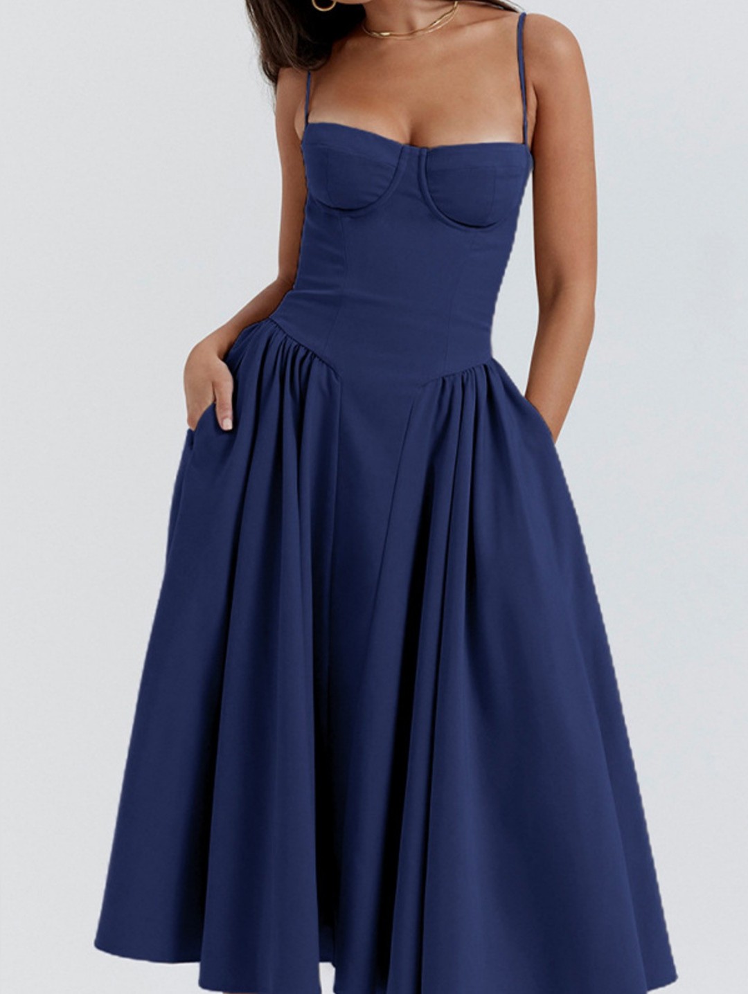 Flirty Corset Strapless Dark Blue Fit-And-Flare Midi Princess Dress